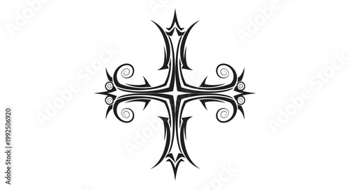 Intricate Tribal Cross Design with Ornate Swirls and Sharp Edges.