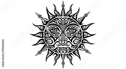 Intricate Tribal Sun with Face Design Black and White Illustration.