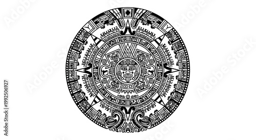 Ancient Aztec Calendar Stone Sun Stone Black and White Illustration.