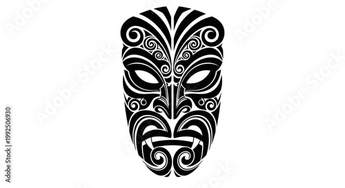 Maori Tribal Mask Intricate Black and White Design.