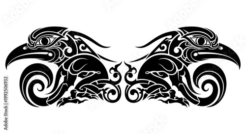 Symmetrical tribal raven design with intricate Celtic knot patterns.