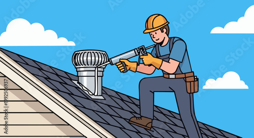 Roofer applying sealant with caulk gun to repair roof vent. Vector illustration of construction worker on house