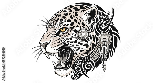 Majestic Jaguar Head with Intricate Tribal and Steampunk Elements.