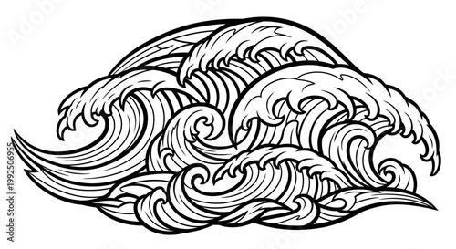 Dynamic Ocean Waves Hand Drawn Outline Illustration.