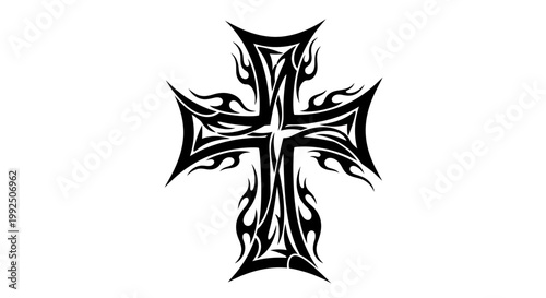 Stylized tribal cross design with intricate flame patterns.