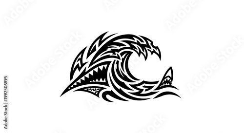 Black tribal shark wave tattoo design.