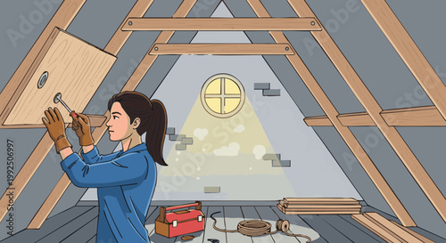 Woman renovating attic doing DIY home improvement. Handywoman with tools fixing wooden ceiling panel