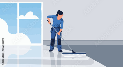 Woman worker applying epoxy resin coating on concrete floor with squeegee