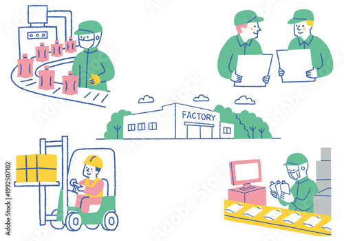 Set of people working at a pouch manufacturing plant_Color