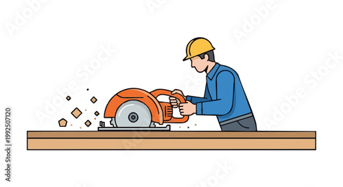 Worker in hard hat cutting wood panel with circular saw