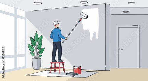 Man painting interior wall with roller. Home renovation and decoration concept