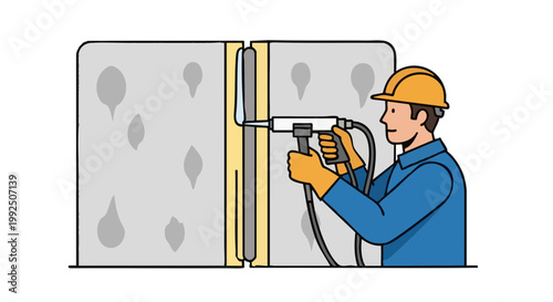 Construction worker sealing insulation joints with spray foam
