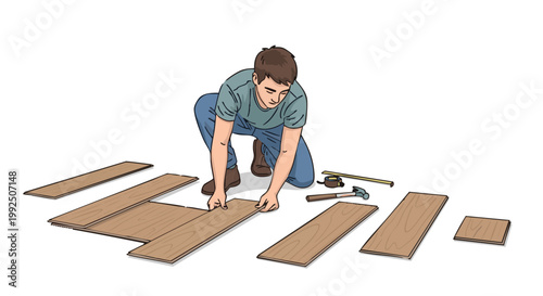 Young man laying laminate flooring planks for home renovation