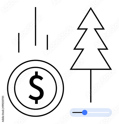 Financial planning, eco-friendliness, investment, sustainability, economic growth, climate action. Black dollar coin, simple tree outline slider bar. Financial growth and eco-friendliness concepts