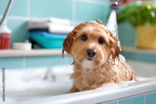 Gentle Dog Wash at Veterinary Grooming Station with Happy Pet Enjoying Bathing Experience