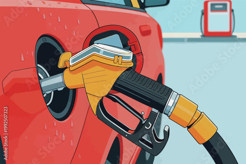 Fueling a red car at a gas station with a yellow gas pump nozzle during the day