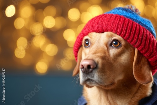 Charming Dog in Winter Outfit Under Warm Lights, Emanating Cozy Vibes for Portrait Photography