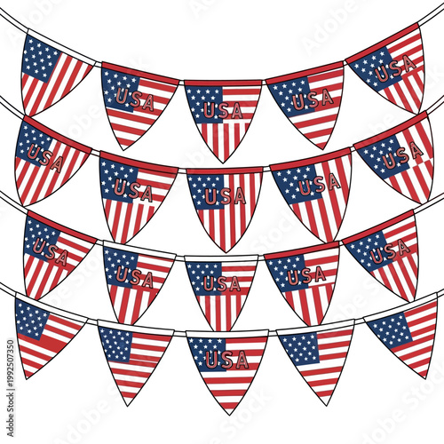 Vector illustration of patriotic USA bunting flags with red, white, and blue colors, perfect for Independence Day celebrations