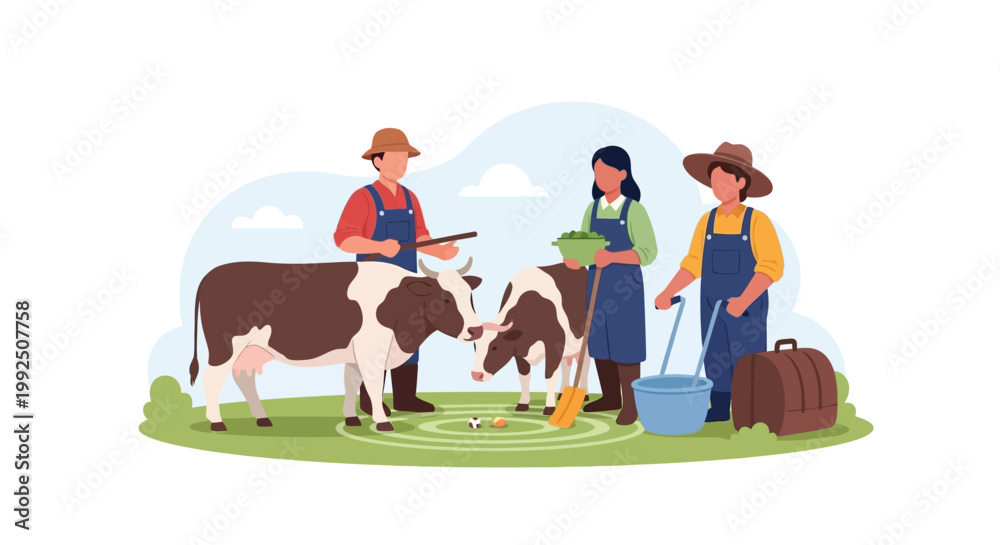 Fototapeta premium Group of farmers working with cows on a farm. EPS Editable. Vector Illustrations.