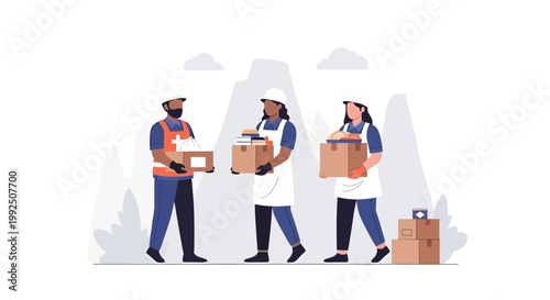 Group of diverse delivery workers and warehouse staff holding cardboard boxes. EPS Editable. Vector Illustrations.