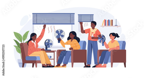 Group of diverse people feeling hot and trying to cool down with electric fans in an office setting. EPS Editable. Vector Illustrations.