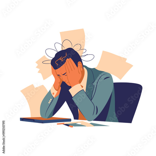 A stressed businessman sitting at his desk with his head in his hands, overwhelmed by work.
