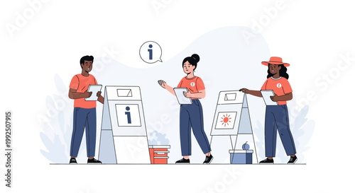 Group of volunteers providing information and guidance to public. EPS Editable. Vector Illustrations.