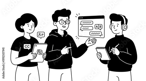 Group of young people working together on language translation project. EPS Editable. Vector Illustrations.