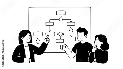 Hand drawn sketch of a diverse business team analyzing a complex flowchart on a whiteboard for project planning. EPS Editable. Vector Illustrations.