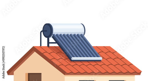 House roof with solar water heater collector system illustration. EPS Editable. Vector Illustrations.