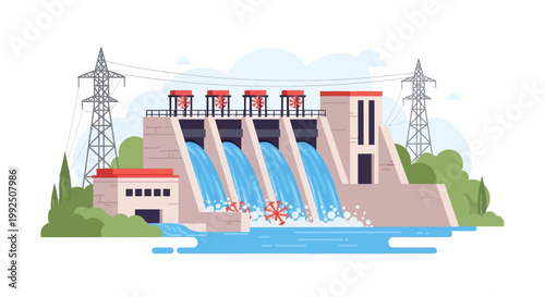 Hydroelectric power plant dam generating renewable electricity. EPS Editable. Vector Illustrations.