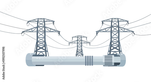 High voltage electricity towers and industrial gas insulated transmission line equipment. EPS Editable. Vector Illustrations.