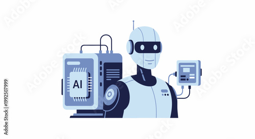 Humanoid robot standing next to an artificial intelligence processing unit. EPS Editable. Vector Illustrations.