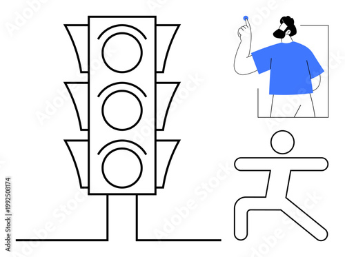Traffic regulations, personal health, fitness activities, urban lifestyle, decision-making, creative design concepts. A traffic light, exercising figure and person holding an object. Traffic