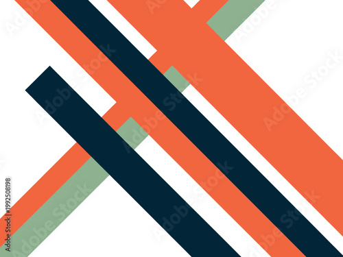 A vibrant graphic design featuring intersecting lines and shapes in orange, blue, and green hues on a white background