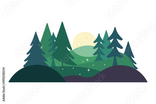 A serene forest landscape at sunset with trees and hills under a peaceful sky