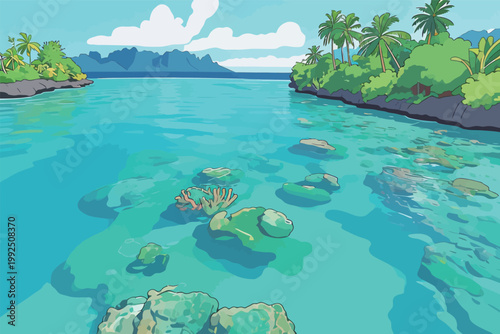 Clear water and green islands show rocks and coral under the sunny sky in a tropical location near the beach