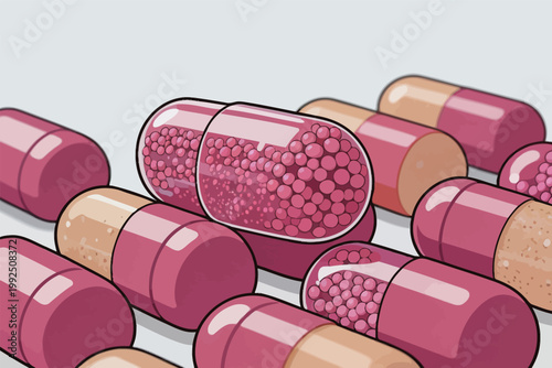 Collection of pink capsules with different textures and patterns placed together on a light background
