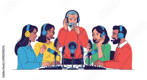 group of people podcasting with microphones.