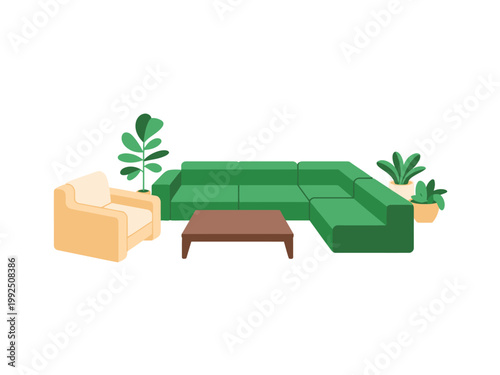 A modern living room with a green sectional sofa, a brown coffee table, and a yellow armchair, surrounded by plants on a white background