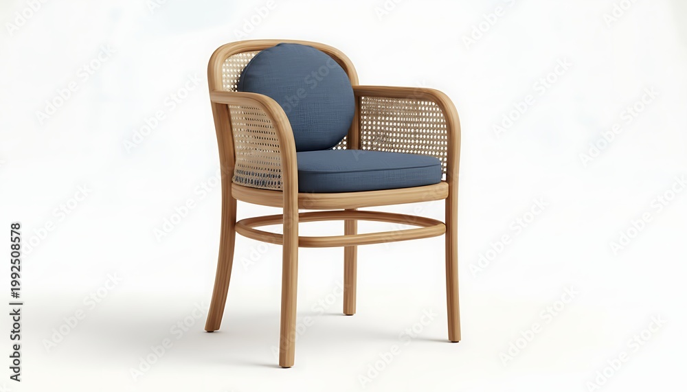 Fototapeta premium Single light wooden wicker armchair with blue cushion against white background