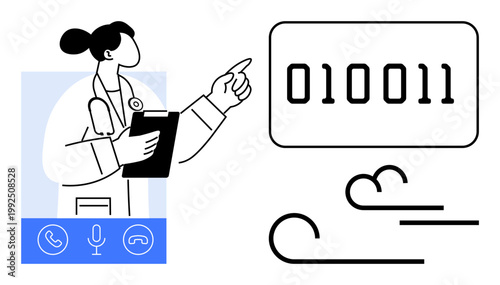 Digital health, telemedicine, data security, remote communication, healthcare innovation, virtual consultation. Doctor with clipboard pointing at binary code. Digital health and telemedicine concept