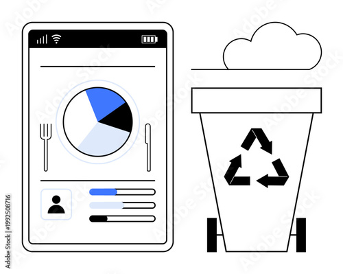 Environmental sustainability, waste reduction, recycling, digital tools, eco-friendly habits, data tracking. Mobile app interface showing charts and a bin with a recycling symbol. Environmental