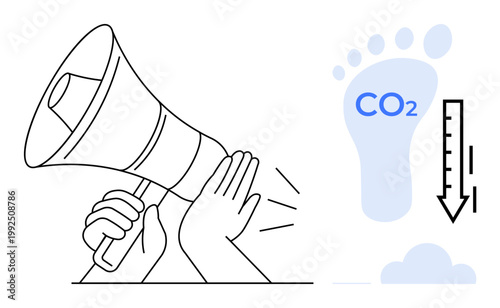 Environmental awareness, climate change, sustainability advocacy, carbon footprint reduction, eco-friendly practices, and ecological responsibility. A megaphone and CO2 footprint with a thermometer