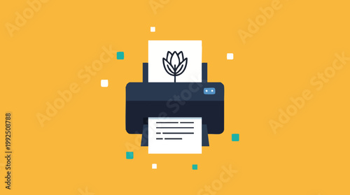 Foto Flat Vector Illustration of a Modern Printer with Flower Icon on Yellow Backgrou
