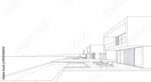 Modern Architectural Sketch of a Contemporary Building Complex.
