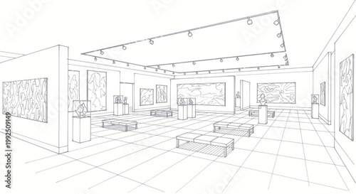 Modern Art Gallery Interior with Exhibited Paintings and Sculptures.