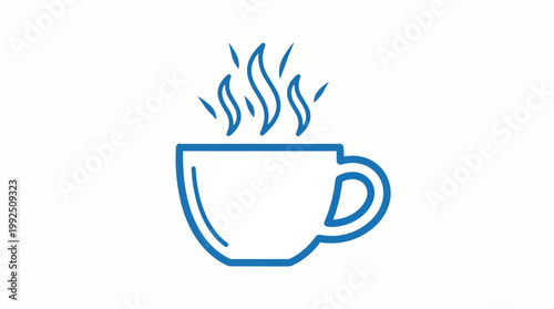 Minimalist blue coffee cup icon with rising steam lines, flat vector illustration, suitable for restaurant menus, cafe branding and food signage.