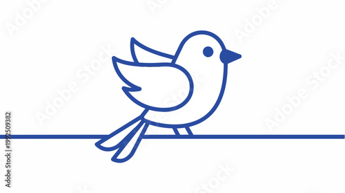 Minimalist blue line art bird perched on a horizontal line against white background, ideal for social media icons, communication symbols and graphic design elements.