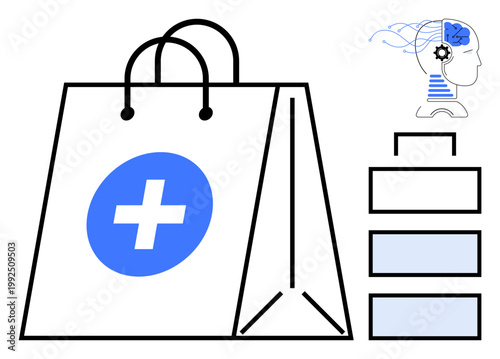 Healthcare, AI innovation, medical shopping, digital solutions, health technology, brain analysis. White shopping bag with medical cross, AI brain outline categorized blocks. Healthcare and AI